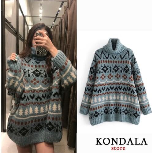 Womens Sweater Za Vintage Geometric Print Turtleneck Sweaters Oversized Plus Size Long Sweaters Mujer Elegant Chic Pullovers