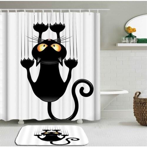 2Pcs/Set Funny Cats Shower Curtains Set,Cute Cartoon High Quality Bath Curtain Polyester Fabric Waterproof Home Decor Mat