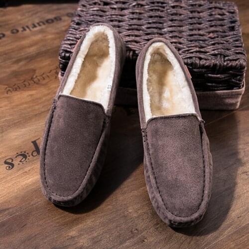 2021 Winter Warm Moccasins Plush Loafers for Men Fur Casual Shoes Slip-on Flats Boat Shoes Comfort Pig Suede Mens Driving Shoe