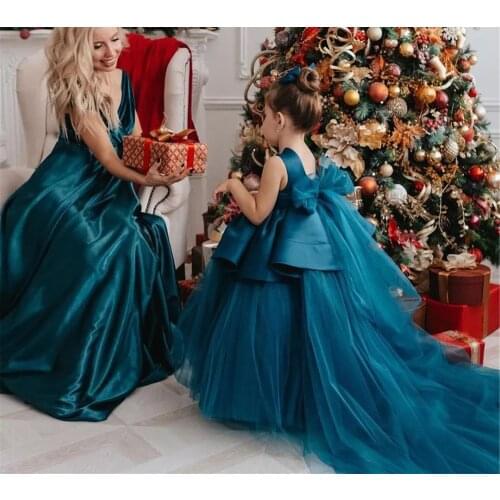 Royal blue satin mother daughter birthday party dresses mom and girls matching dresses celebration pageant dresses custom