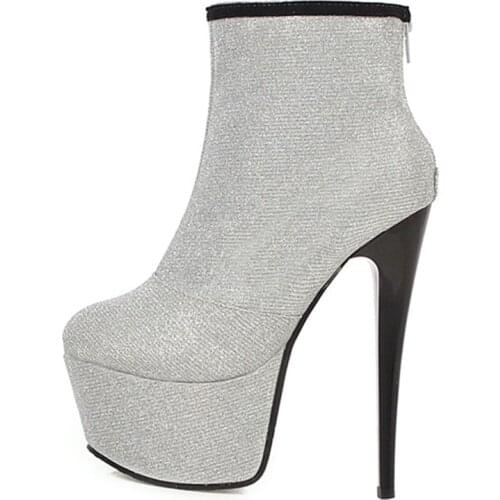 Sexy 16cm High Heels Boots Women Platform Luxury Sequined Fashion Ankle Boots Silver Blue Short Boots Shoes Woman Large Size 48