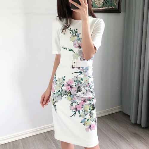 UK Fashion England Elegant Floral Print Bodycon Qipao Sheath Pencil Dress