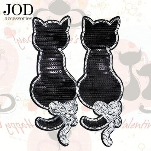 JOD POP Sequin Cloth Black Large CAT Iron on Clothes Patch Decorative Sewing Stickers Feather Personalized Ironing Beads Paste