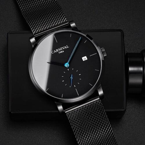 Carnival Mechanical Watch Men Black Mesh Steel Automatic Watches Luxury Waterproof Shockproof Blue Small Seconds Date Wristwatch