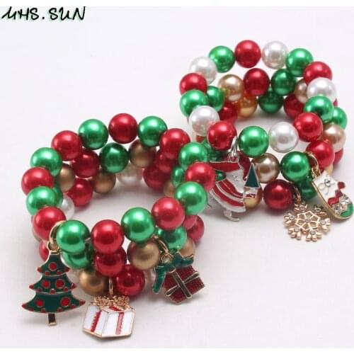 MHS.SUN Hot sale 6pcs christmas tree/snowflake charm girls baby bracelets fashion kids diy beads braceles elastic bangles gift