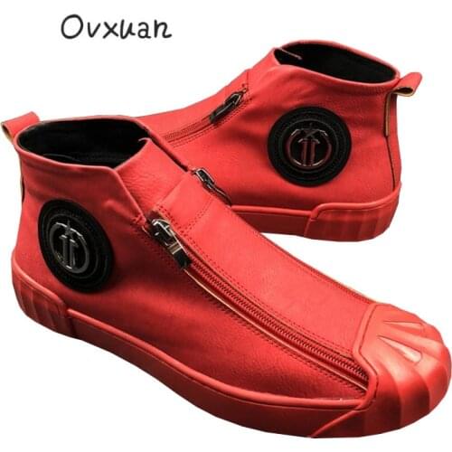OVXUAN Walking Shoes Male Street Style Hip Hop Ankle Boots Metal Icon Zipper Comfy Mens Flats Botas Hombre Zapatillas Zapatos