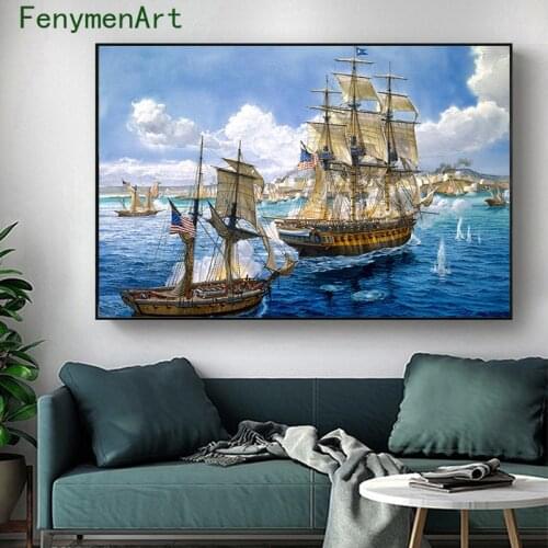 Pirate Ship Canvas Painting Vintage Sailing Fleet Poster Print Sea Landscape War Wall Art Picture Office Living Room Home Decor