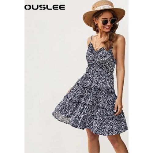 OUSLEE Boho Style Floral Print A-line Dress Women Sleeveless Mini Dress V Neck Loose Ladies Dresses Beach Sundress Vestido Mujer