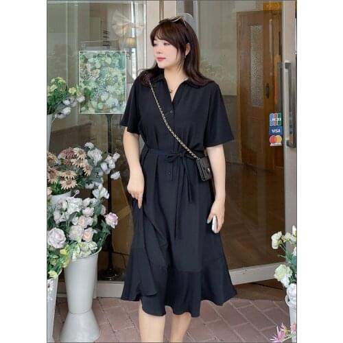 Short Sleeve Thin Summer Black Shirt Dress 3XL To 8XL Plus Size Casual Dress High Waist Casual Maxi Dress for Women