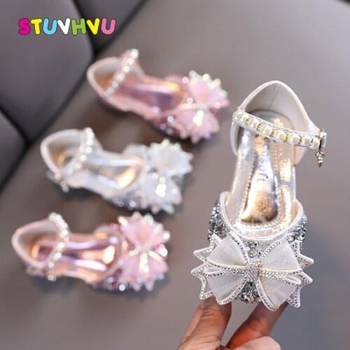 Toddler Girl Shoes Princess Rhinestone Bow-knot Children Shoes Spring Autumn New Soft Bottom Party Wedding Kids Shoe Silver Pink