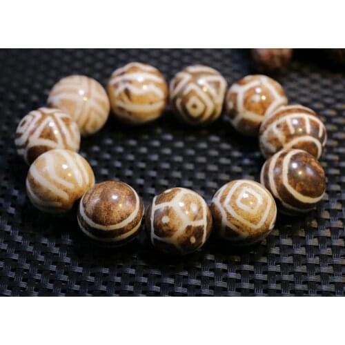 Magic Tibetan Old Pumtek Multiple Symbols dZi Bead Stretchy Men Bracelet 20MM LS