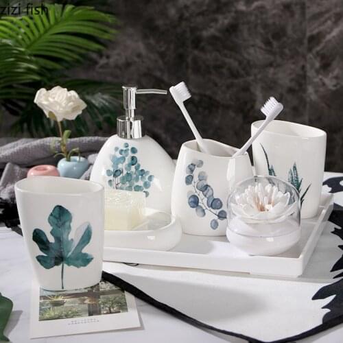 Plant Painted Bathroom Accessories Lotion Bottle Simple Style Toothbrush Cup Tooth Brush Holder 5 Pcs/set Ceramic Bath Supplies