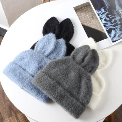 Fashion Draping Rabbit Ears Rabbit Fur Hat Women Autumn and Winter Knitted Wool Hat Winter Warm Korean Version of Japanese Hat