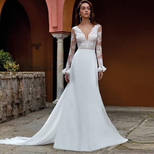 Women Sexy White Lace Dress Elegant Wedding Party Dresses V Neck Long Sleeve Evening Party Perspective Ladies Bridal Dress