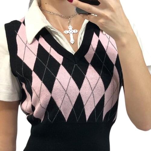 Women Multicolor Argyle Plaid Knitted Vest V-Neck Slim Sleeveless Crop Sweater M68C