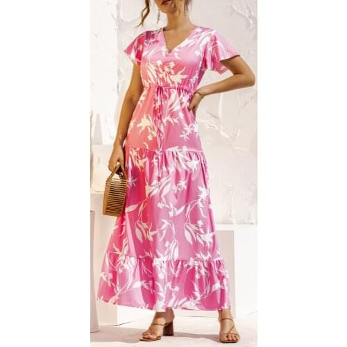 Women Floral Print Long Dress Summer Femme Bohemian V Neck Short Sleeve Holiday Beach Vestidos Casual Maxi Dress AM3061