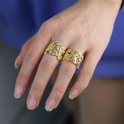 Fashion gold ring for women 2020 new design rainbow baguette cubic zirconia geometric wide band full finger rings