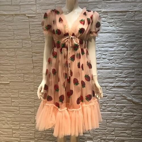 Women Midi Summer Strawberry Dress Sequin Embroidery Mesh Lace Up High Waist Tunic Short Sleeve Tulle Pink Dress Top Quality