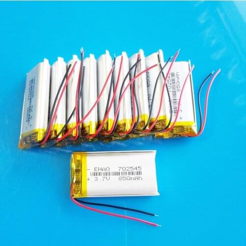 10 pcs 702545 3.7V 850mAh lipo polymer lithium rechargeable battery for GPS DVD bluetooth recorder e-book camera LED light watch