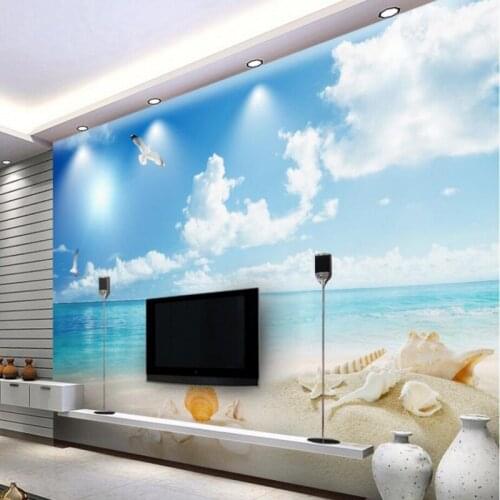 Beibehang 3 d TV sitting room mural wallpaper blue sky white cloud sea shells figure paintings photo wallpaper