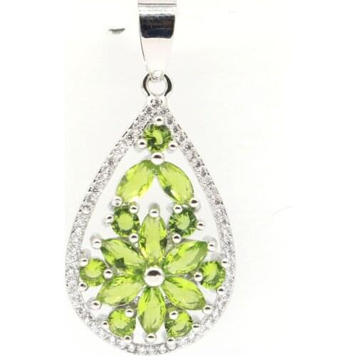 34x18mm SheCrown Luxury Drop Shape Created Green Peridot London Blue Topaz CZ Ladies Silver Pendant