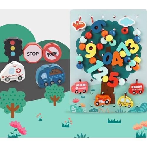 70pcs Wooden Stringing Threading beads Toys Baby DIY Toy Cartoon Fruit Tree Traffic Sign Vehicle Monterssori Education Kid Gift