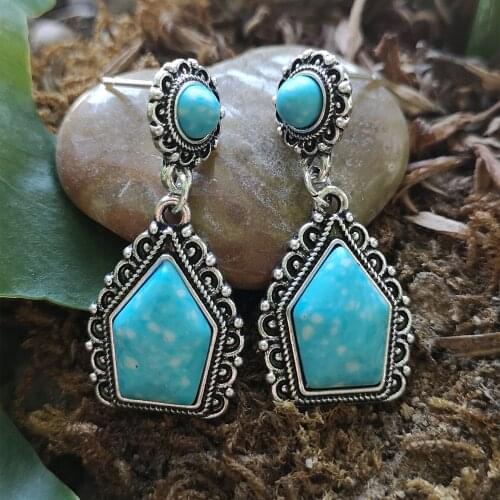 Bohemian Creative Carved Turquoise Drop Earrings Vintage Ethnic Handmade Geometric Pendant Dangle Earring Jewelry For Women