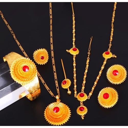 Ethiopian Gold Color Hair Piece Pendant Necklace Earings Ring Hair Pin Bracelet Eritrea Africa Women Wedding Jewelry Set