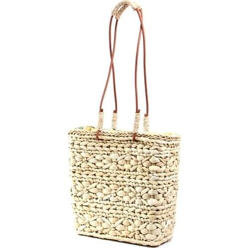 Hot Selling Women Shoulder Bag Straw Weave Handbag Cow Leather Handle Summer Beach Travel Casual Bags