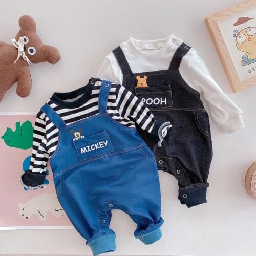 Disney Mickey Winnie The Pooh Kids Baby Boy Girls Overalls Suit Spring Autumn Striped Solid Color Fake Two-piece Clothes Sets
