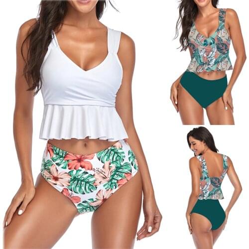New Skirt Style Split Bikini Set High Waist Swimsuit Ruffle Leaf Print Beach Swimwear Summer Bathing Suit bikinis 2021 mujer