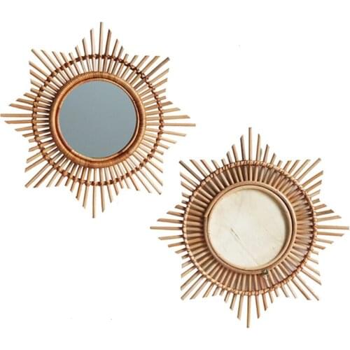 Nordic Rattan Handmade Mirror Flower Sun Frame Natural Vine Wall Decoration Bedroom Home Wall Hanging Decorative Mirror