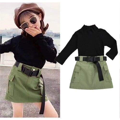 2020 Autumn Toddler Kid Baby Girls Fashion Clothes Sets Knit Long Sleeve Black Sweater Tops Army Green Skirts+Belt Outfit