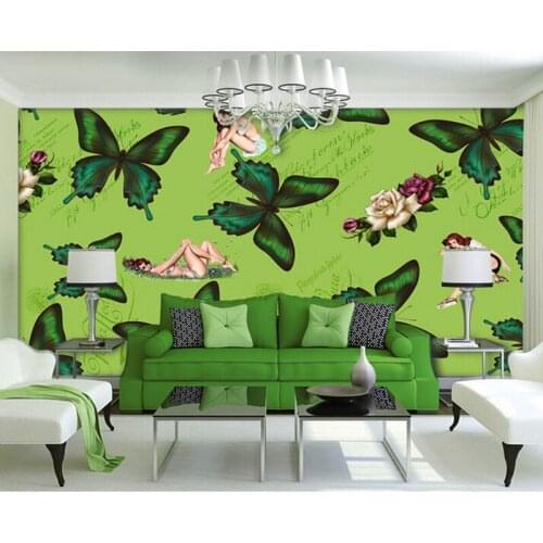 Custom green butterfly illustration nostalgic retro sexy beauty papel de parede,living room sofa tv wall bedroom mural wallpaper