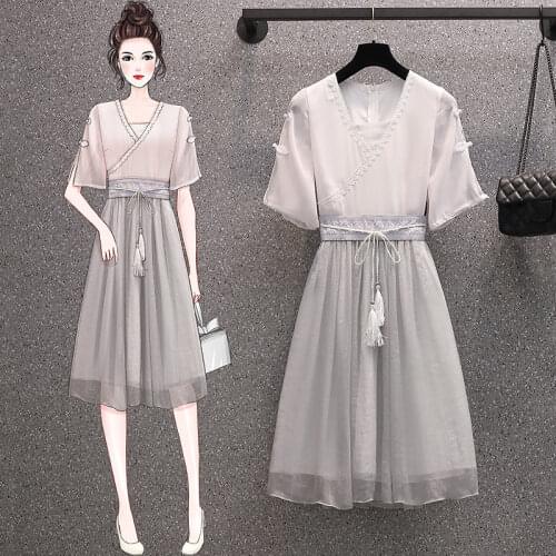 Plus Size Womens 4XL Sumdress 2021 Summer New Chinese Style Retro Fashion V-neck Short-sleeve Female Casual Dresses aq1209