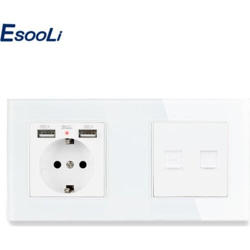 Esooli Crystal Glass Panel EU Standard Electric Socket with 2 USB + RJ45 CAT5E Internet Jack Wall Data Socket Computer Outlet