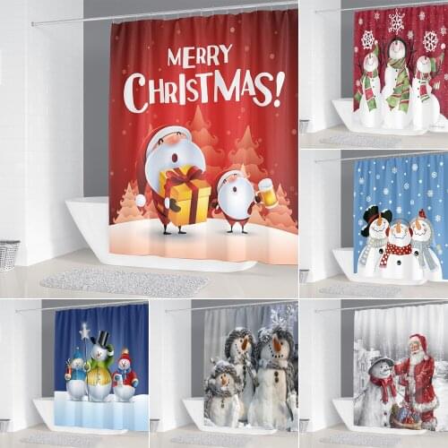 Santa Claus Snowman 3d Printed Bathroom Curtain Merry Christmas Festival Party Decoration Fabric Shower Curtains with 12 Hooks