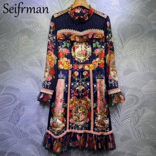 Seifrmann Summer Women Fashion Designer Party A-Line Dress Lace Ruffles Flare Sleeve Floral Print Elegant Bodycon Ladies Dresses