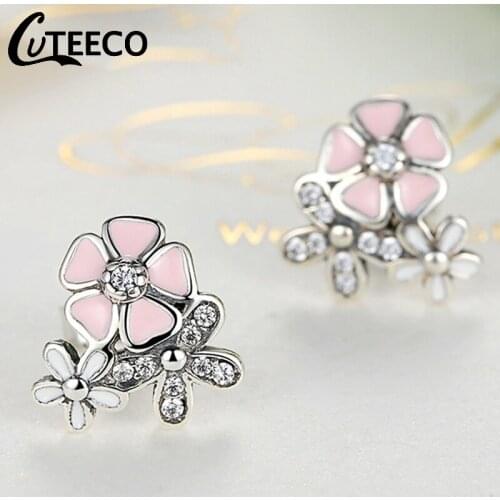 Cuteeco Silver Color Earrings Pan Daisy Drop Earring Pink Enamel With Clear CZ Zircon For Women Engagement Jewelry