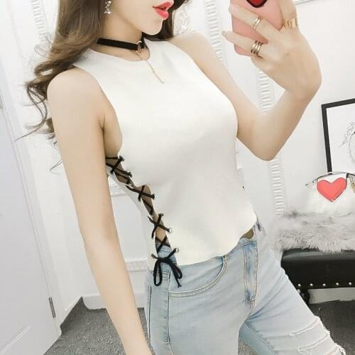 Summer Women Slim Knitting Camisole Crop Tops Female Bodycon Knitted Sided Lace Up Tanks Sleeveless Short Tee shirts 9-228