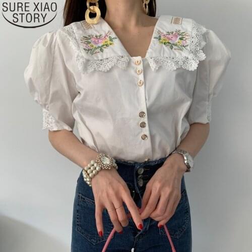 Vintgae Women Shirt Korean Chic Clothes Floral Embroidery Large Turn-down Collar Lace Tops Casual Short Puff Sleeve Blusas 13666