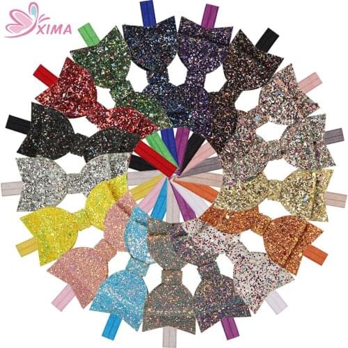 XIMA 17pcs/lot 3.5inch Bling Sequin Bow Headband Glitter Fabric Bow Knot for Girls Hair Accessories