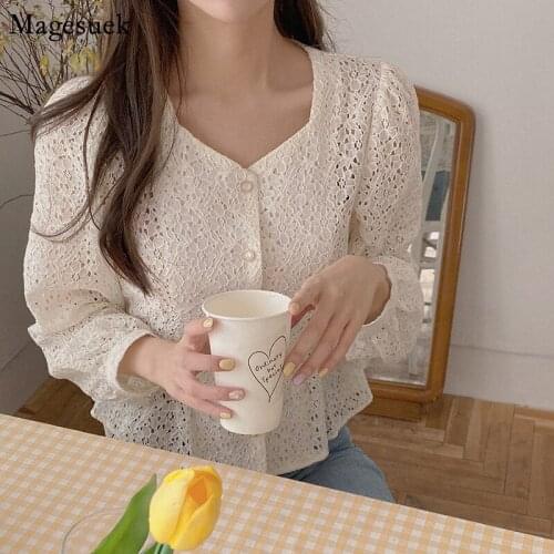Korean Hollow Out Solid Button Women Shirt Embroidery Long Sleeve Women Blouses Tops V-neck Bow Lace Female Shirt Blusas 13100