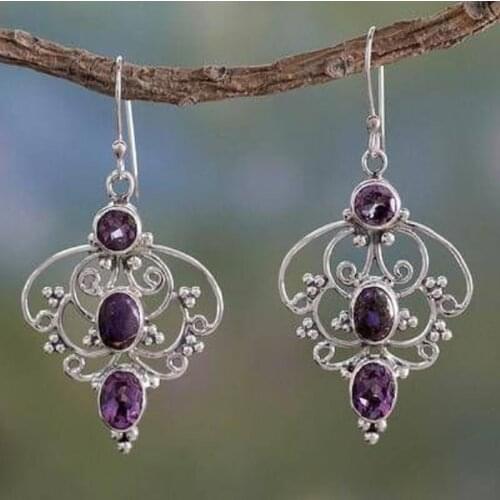 4 colors Vintage Bohemian Ethnic Style Water Drop Purple Amethyst sapphire Gemstone Drop Earrings Women Dangle Hook Earrings