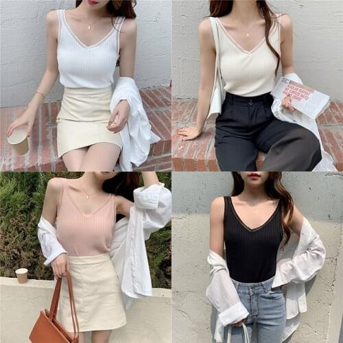 Women Simple Style Knitted Vest, Solid Color V-neck Sleeveless Tops, White/ Beige/ Black/ Pink