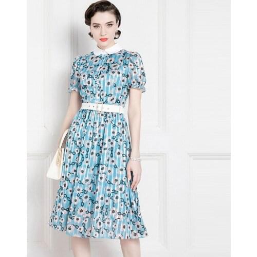 High End French Dress Umbrella Skirt Print 's 2021 New Women Summer Puff Sleeve Polo Office Lady Patchwork Knee-length Lanon