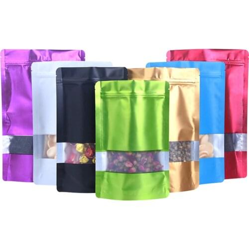 100Pcs Zip Lock Stand Up Aluminum Foil Bag with Frosted Window Zipper Self Seal Tear Notch Doypack Food Coffee Tea Bean Storage