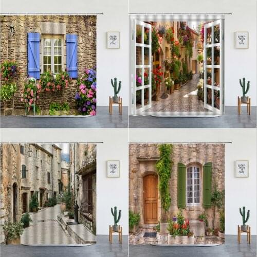 3D Nordic Italy Street Alley Shower Curtains Garden Flowers Scenery Background Wall Hanging Decor For Bathroom Screen With Hooks