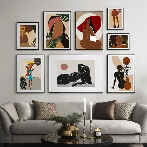 African Black Woman Art Printable Wall Poster Boho line Canvas Modern Print Painting digital Black Girl Room Decoration Picture