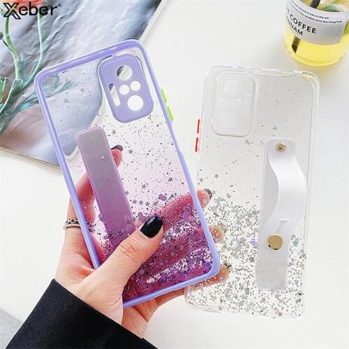 Glitter Clear Mobile Phone Case For Xiaomi POCO X3 NFC F3 11 Redmi Note 10 5G 9 Pro Max 9T 8 4X 9C 5Plus Wrist Strap Stand Cover